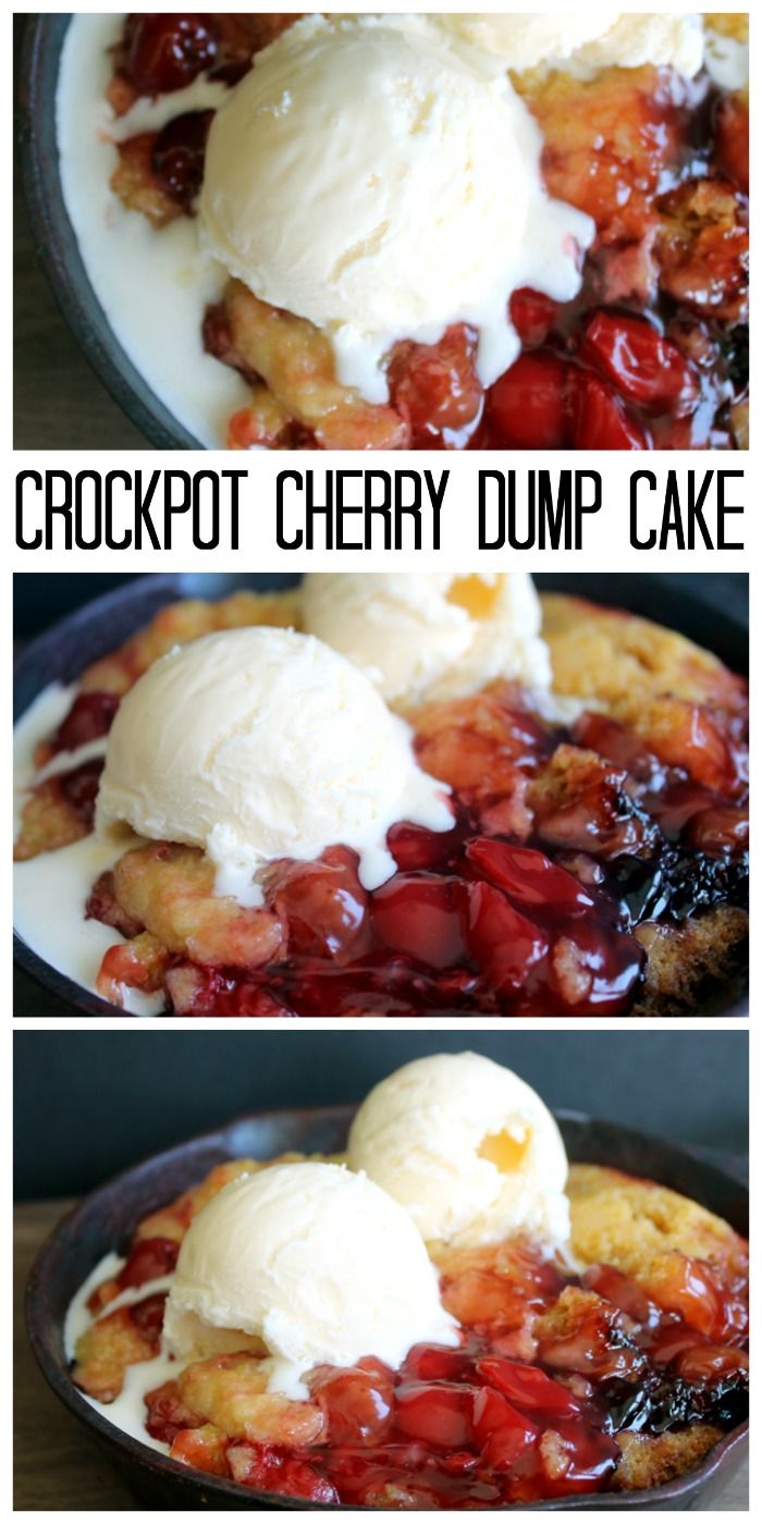 crockpot cherry dump cake with ice cream on top is shown in three different pictures