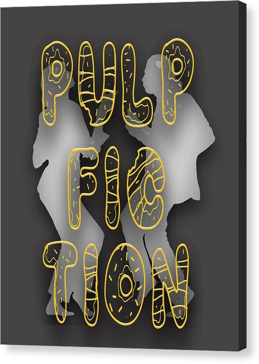 the words pulp fiction written in neon yellow on a black background with silhouettes of people