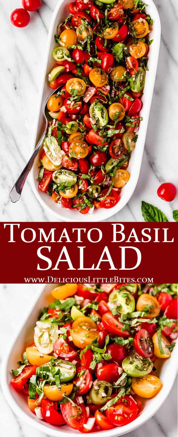 tomato basil salad in a white serving dish on a marble counter top with text overlay