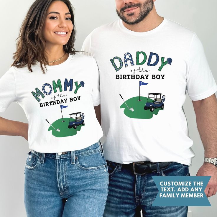 a man and woman wearing matching tees for their golf themed birthday party with the text,'mom is the birthday boy '