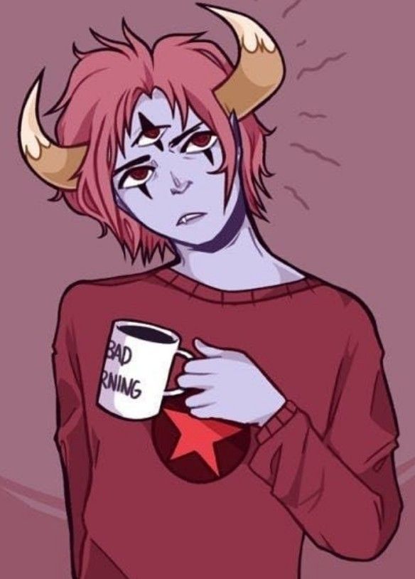 a person with pink hair and horns holding a coffee cup in their right hand, while wearing