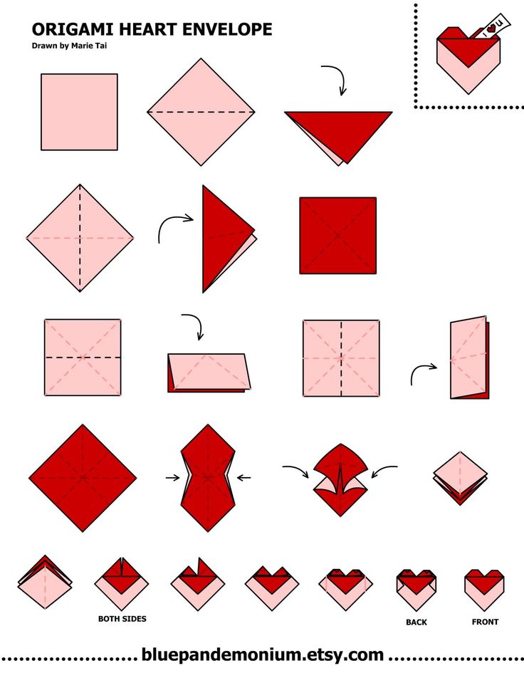 the instructions for how to make origami heart envelopes with red and pink paper