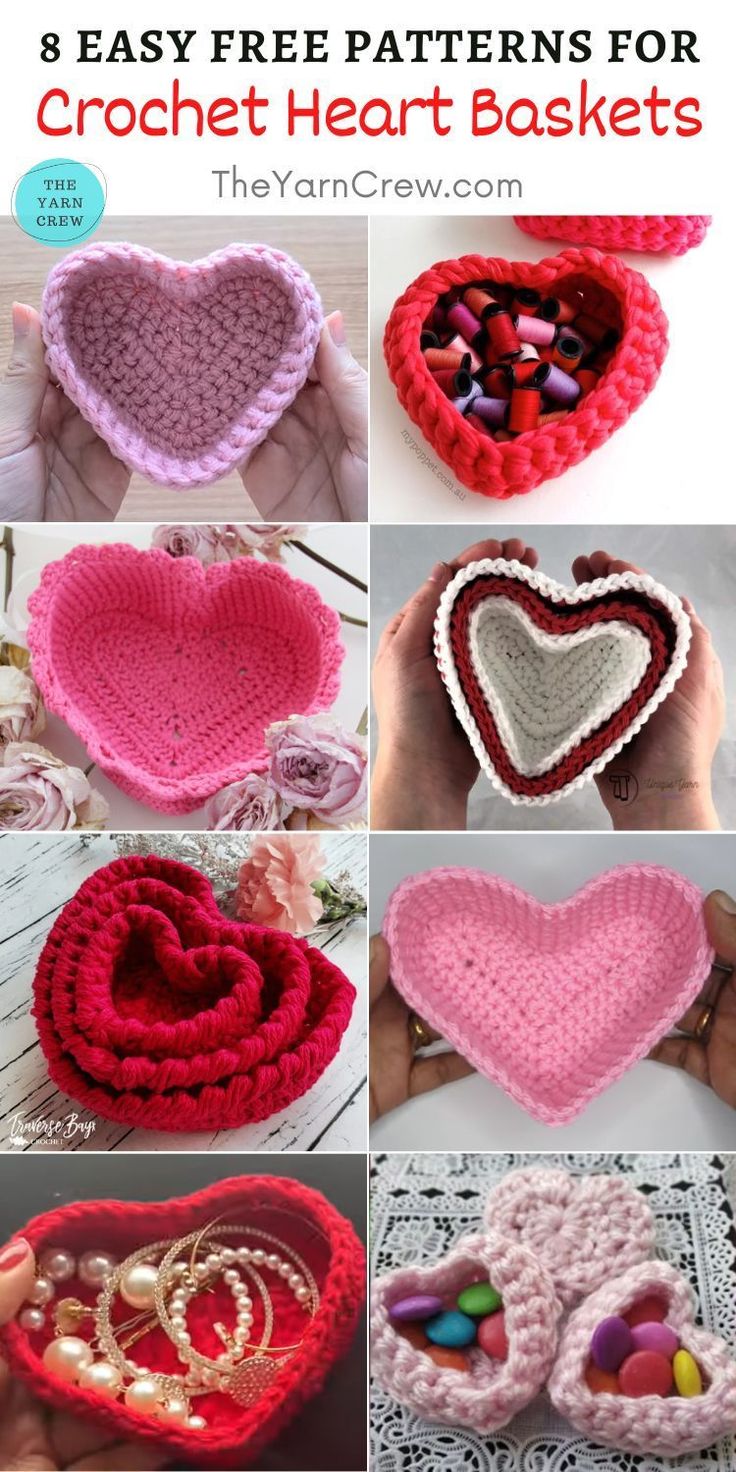 crocheted heart baskets with text overlay that says 8 easy free patterns for crochet heart baskets