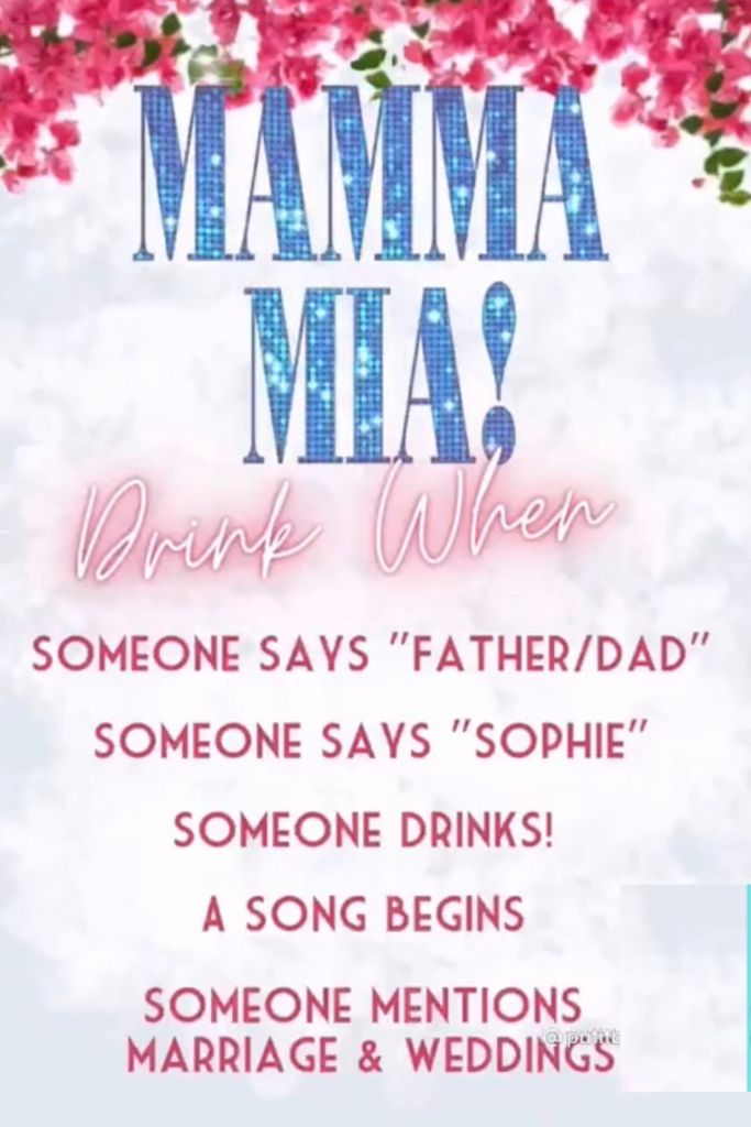 the poster for mamma mia's wedding is shown in blue and pink flowers