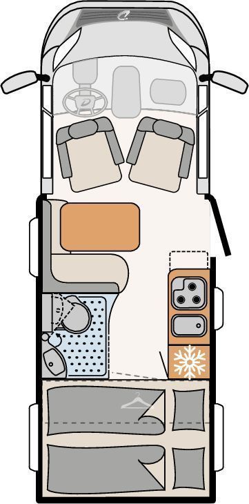 the floor plan for a small rv with two couches and a bed in it