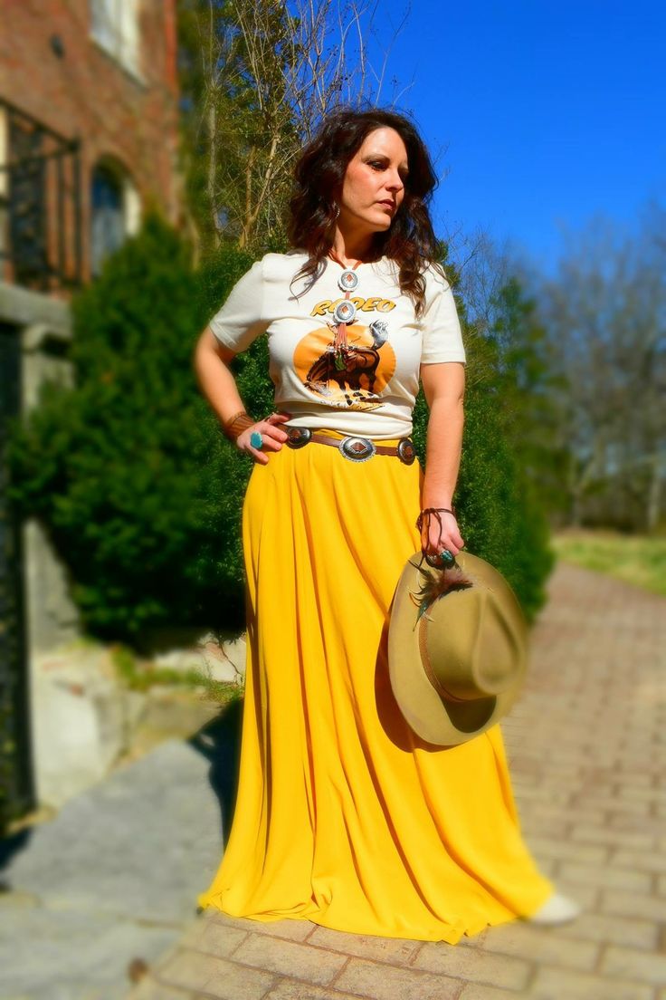 Hi-Ho Rodeo Tee & Yellow Skirt  Western/Gypsy/Rodeo/Boho Use Code: NATASHA15  www.baharanchwesternwear.com Western Outfits With Long Skirts, Boho Western Skirt Outfits, Maxi Skirt Western Outfit, Yellow Western Outfits, Yellow Bohemian Ruffled Skirt, Southwestern Outfits, Modest Church Outfits, Southern Fashion, Gala Outfit