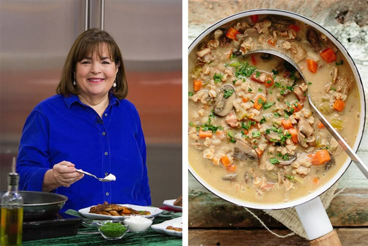 a woman holding a spoon in front of a pot of soup and another photo of the same person