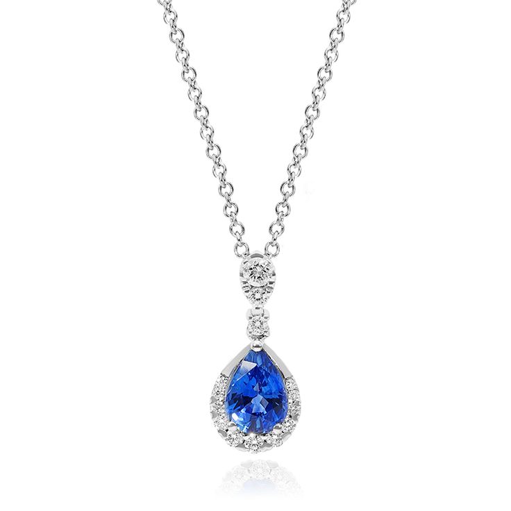 14K White Gold Regal Drop Sapphire Necklace. An elegant and classic piece that will be passed down through generations. This vibrant sapphire and diamond drop shaped pendant will elevate your evening look. Evening Look, Necklace Design, Sapphire Necklace, Diamond Drops, Gold Pendant Necklace, Necklace Designs, Gemstone Necklace, Pendant Jewelry, Blue Sapphire