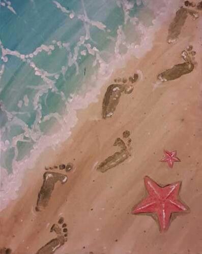 footprints and starfish on the beach with blue water