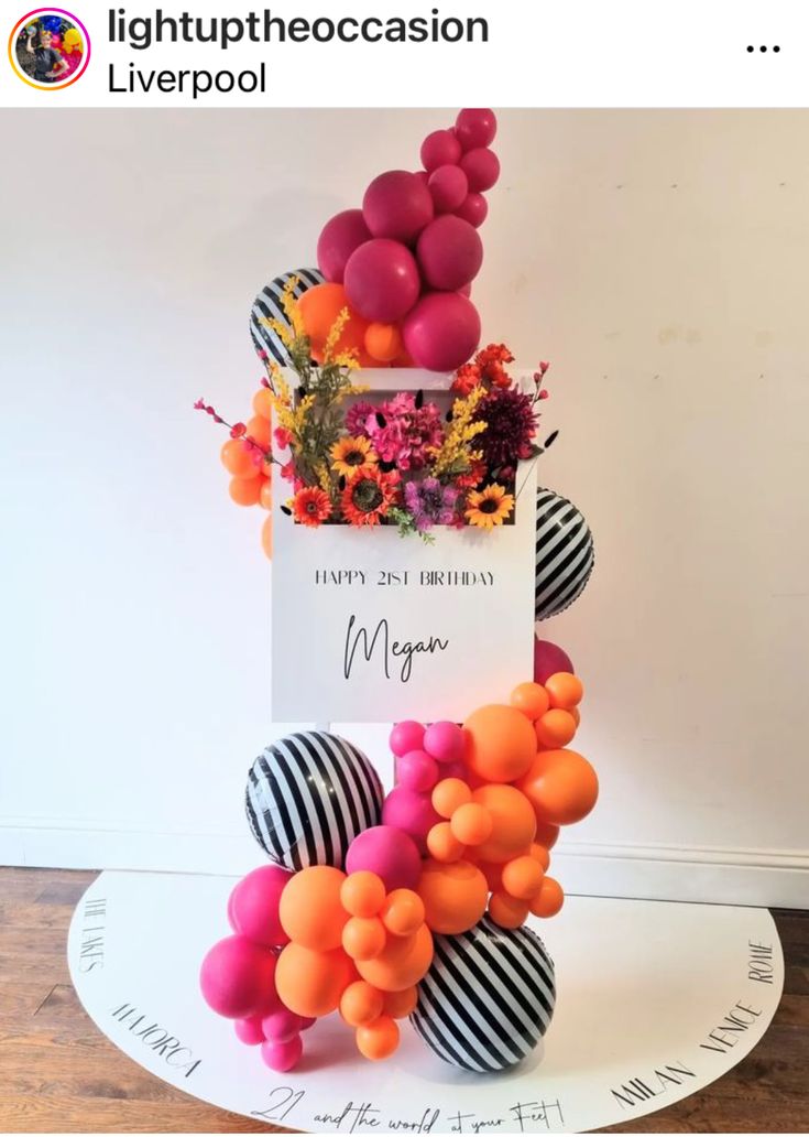 a birthday card with balloons and flowers on it