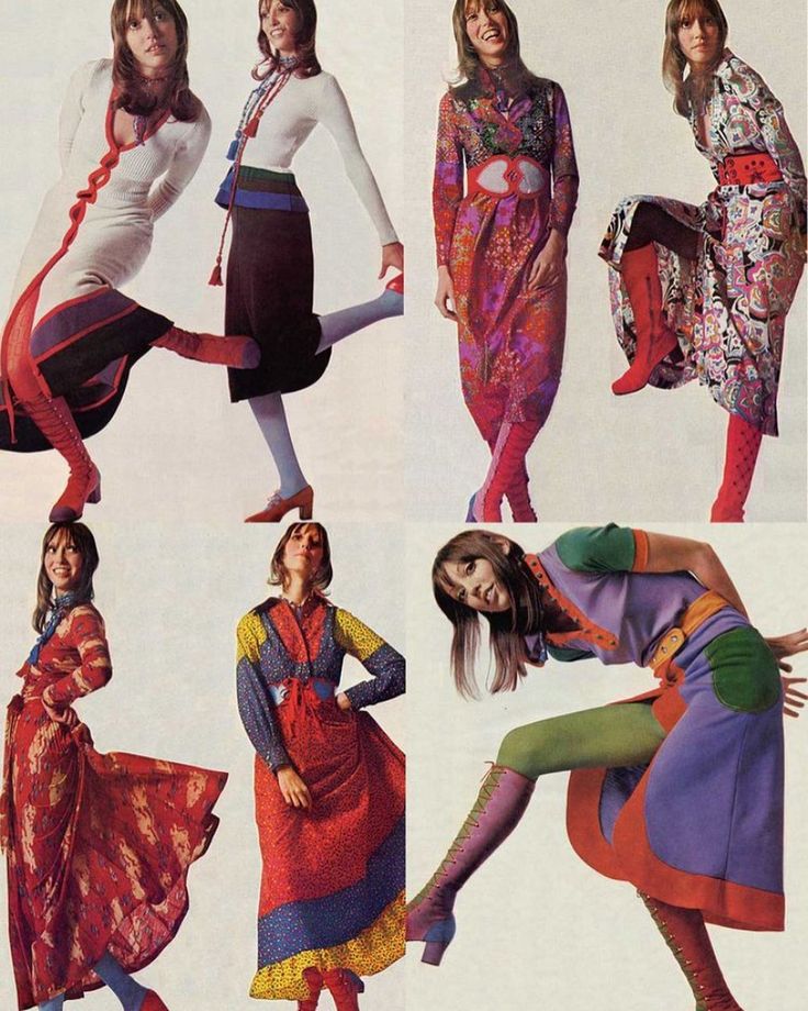 four pictures of women in colorful dresses and one has her legs spread out to the side