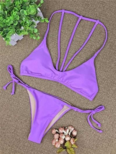 Sexy Halter-neck Solid Bikinis Swimwear - rrdeye T-back Tankini For Beach Season, Solid Strappy Swimwear For Summer, Purple Halter Neck Swimwear For Summer, Purple Backless Swimwear For Beach Season, Summer Halter Neck Purple Swimwear, Fitted Strappy Swimwear For Vacation, Purple Backless Swimwear For Summer, Purple Halter Neck Swimwear For Beach, Purple Stretch Swimwear For Beach