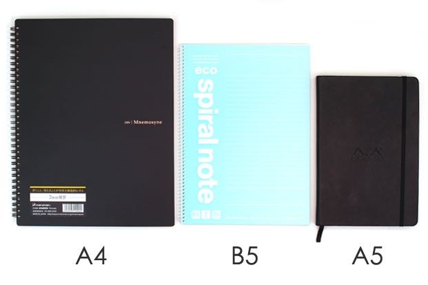 three notebooks are shown side by side, one is black and the other is light blue