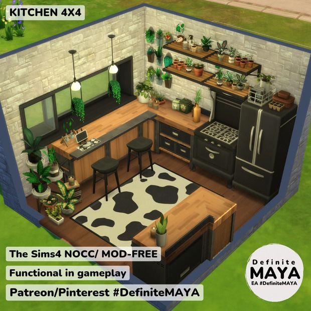 DefiniteMAYA | creating The Sims4 NOCC Functional in gameplay contents | Patreon Sims 4 Loft, Sims 4 Houses Layout, Lotes The Sims 4, Goth Houses, San Myshuno, Sims 4 Kitchen, Sims 4 Bedroom, Sims 4 House Plans, Sims 4 House Building