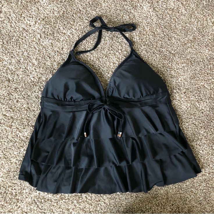 Very Cute! Never Worn Tagged Vs For Exposure Chic Ruffled Halter Top For Beach, Chic Black Halter Top For Pool, Black Triangle Top Tankini For Spring, Chic Black Tankini With Triangle Top, Black Tops For Poolside Spring Occasion, Black Stretch Tankini With Ruffles, Black Ruffled Swimwear For The Pool, Black Stretch Ruffle Tankini, Black Ruffled Swimwear For Pool