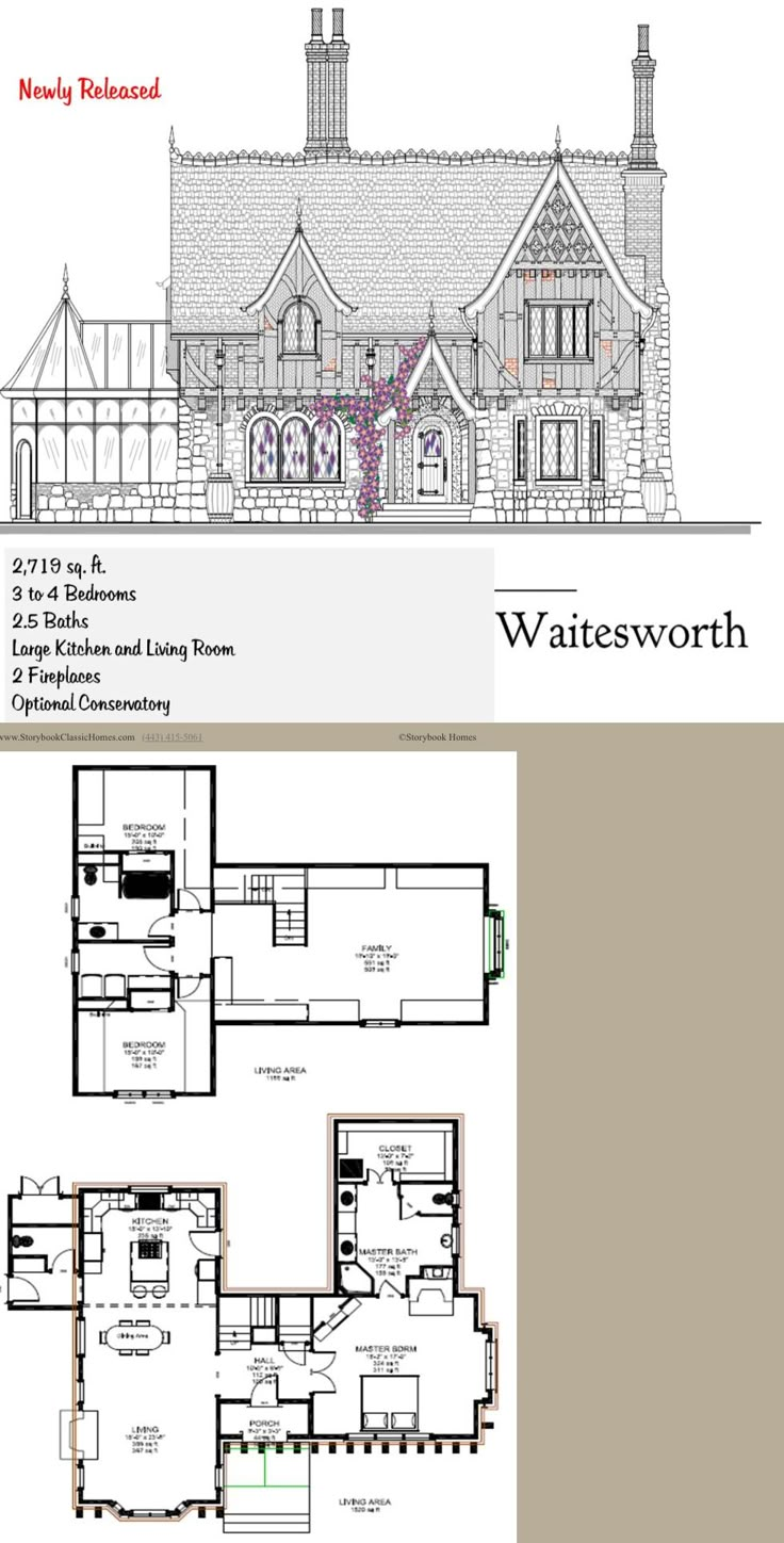 an architectural drawing shows the floor plan for a house with three levels and two stories