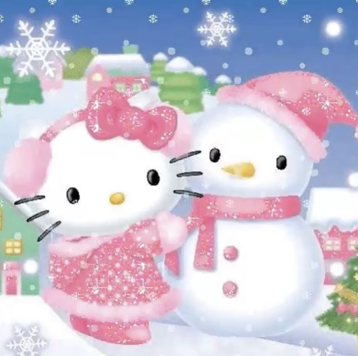 a hello kitty and snowman are in the snow