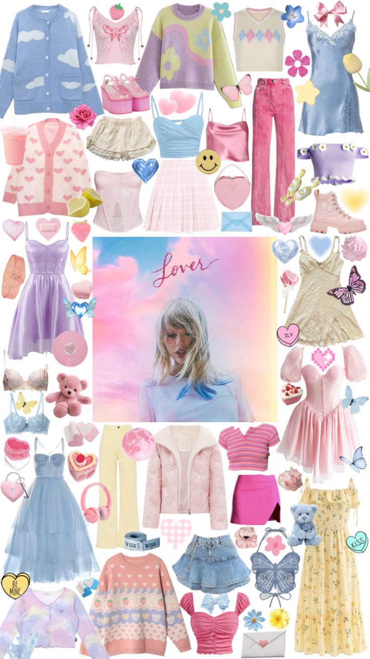 a collage of clothes and clothing items with the word love written on them in pink,