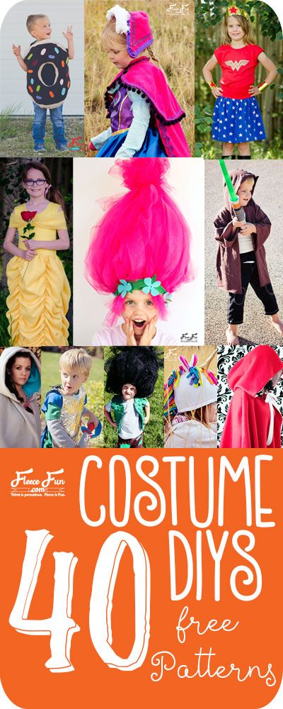 an orange poster with the words costume diy's free patterns for children and adults