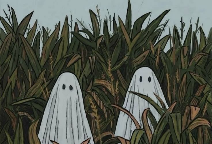 two ghost - like figures standing in the middle of a cornfield with tall grass