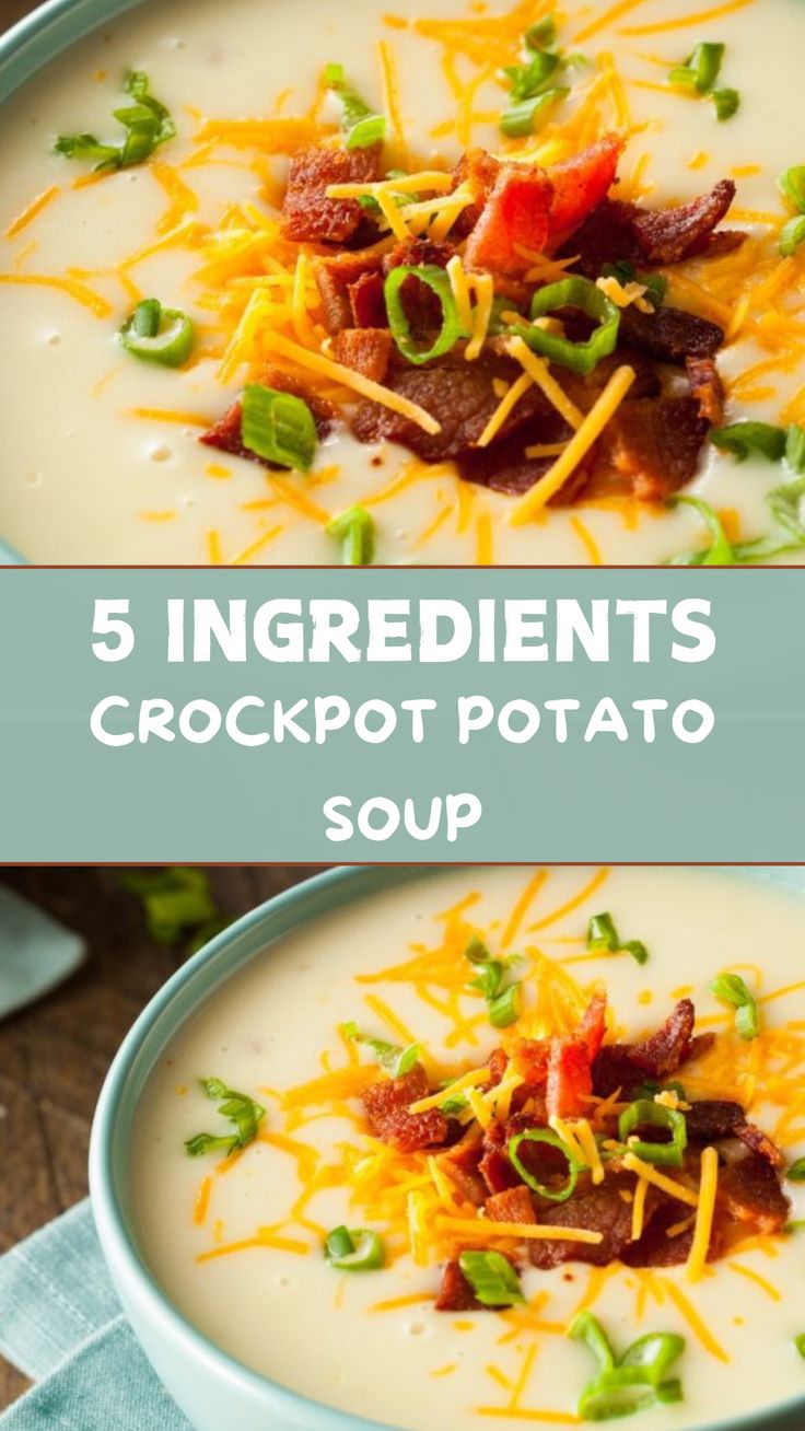 5 Ingredient Crockpot Potato Soup Crockpot Healthy Potato Soup, Crock Pot Potato Soup Recipe, Slow Cooker Potato Soup Easy, Soup Chicken Broth, Potato Soup Crockpot Recipes, Crockpot Potato Soup, Crockpot Potato, Potato Soup Easy, Potato Soup Crock Pot