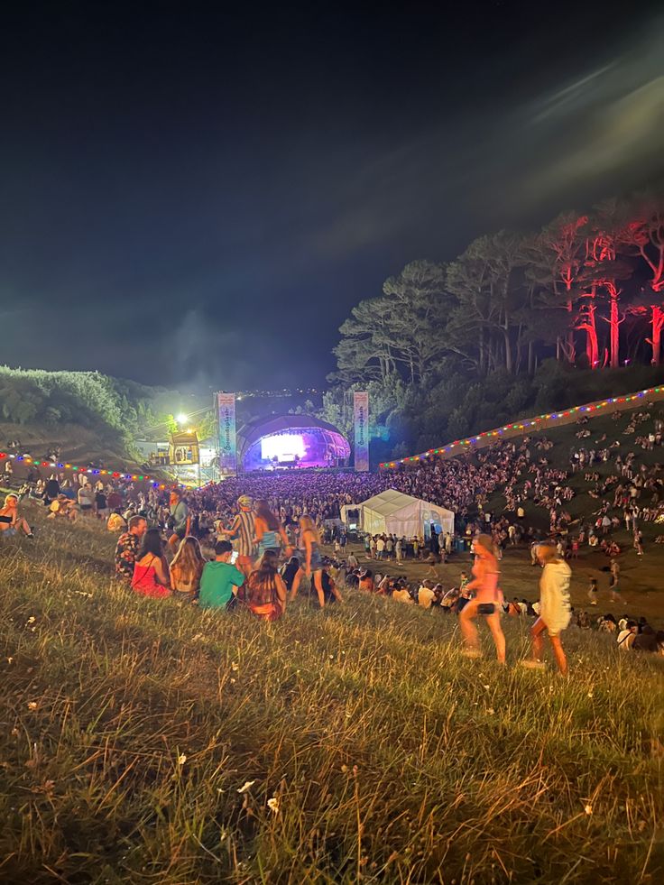 a crowd of people standing on top of a lush green field next to a forest