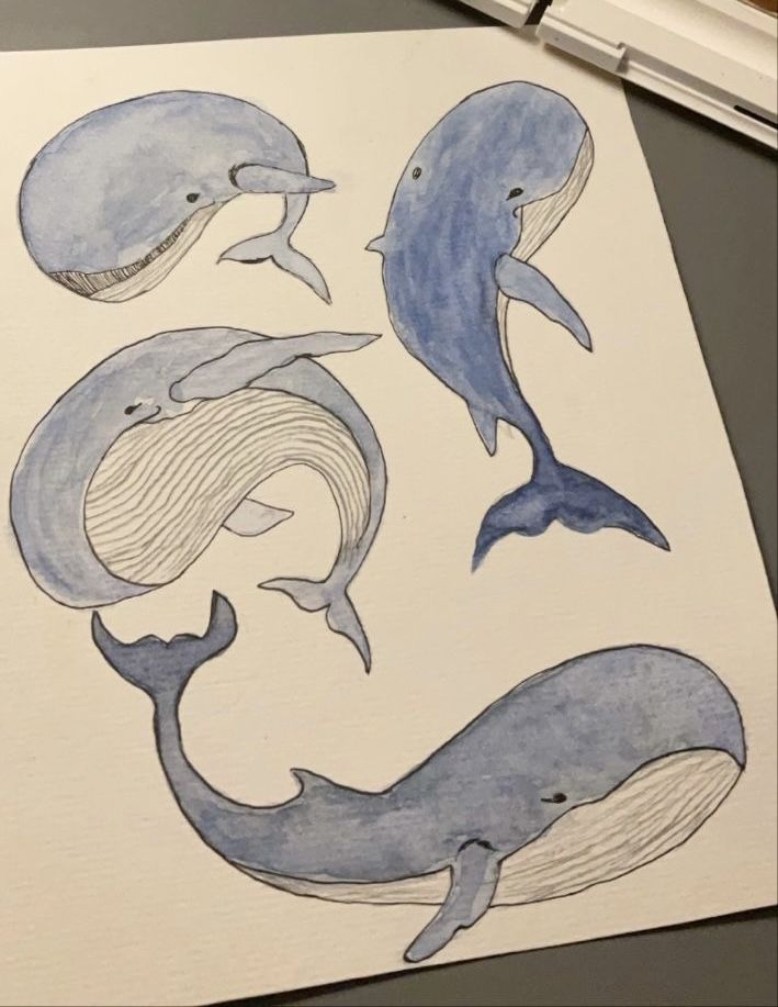 a drawing of three blue whale's with their tails curled up in the air