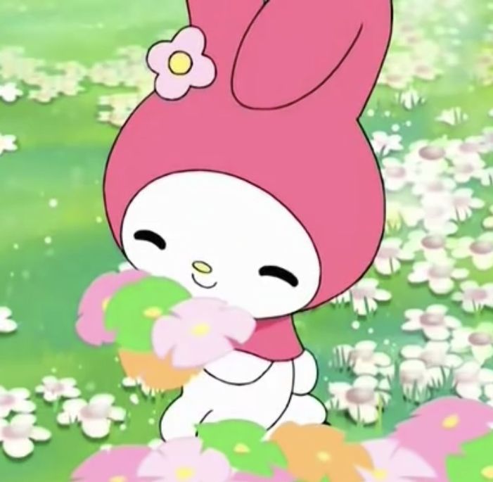 a cartoon bunny holding a flower in its hand and walking through the grass with daisies