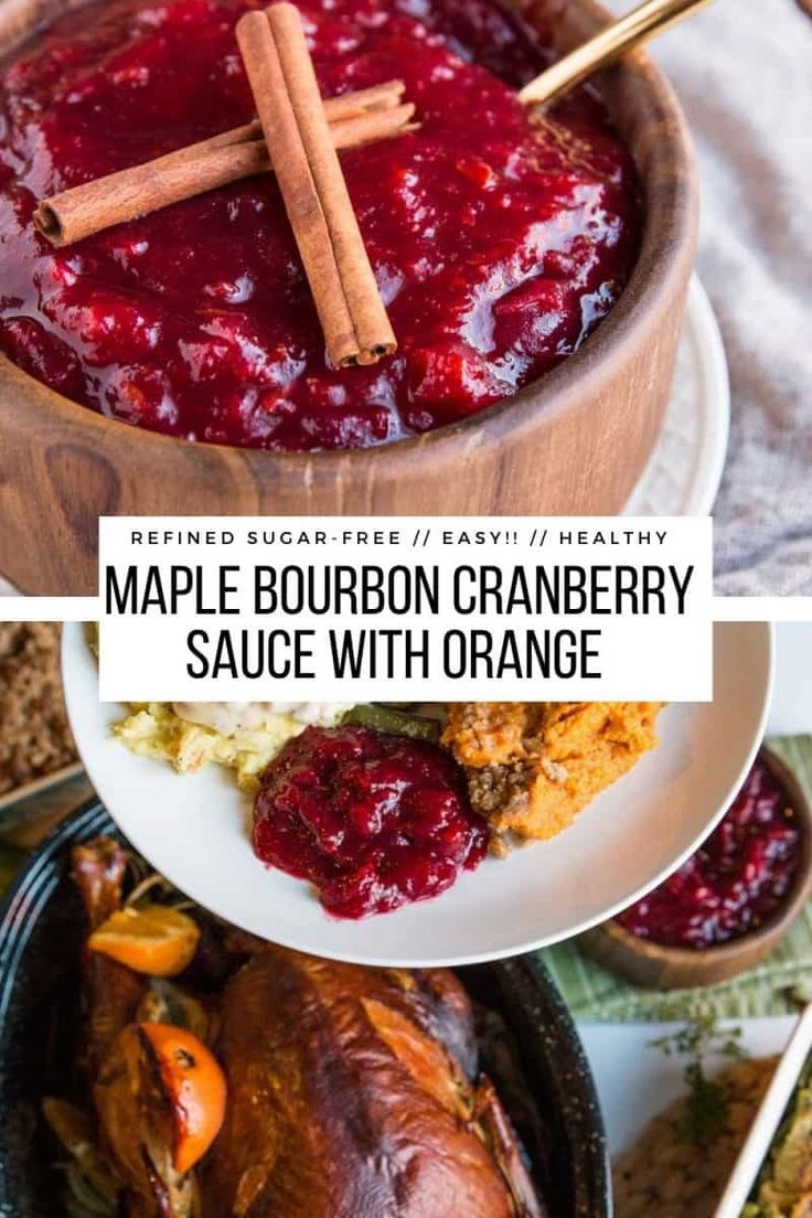 maple bourbon cranberry sauce with orange and cinnamon sticks in a wooden serving dish