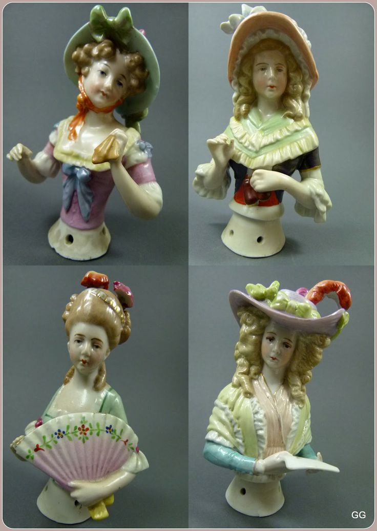 four porcelain figurines of girls with hats and dresses, one holding a fan