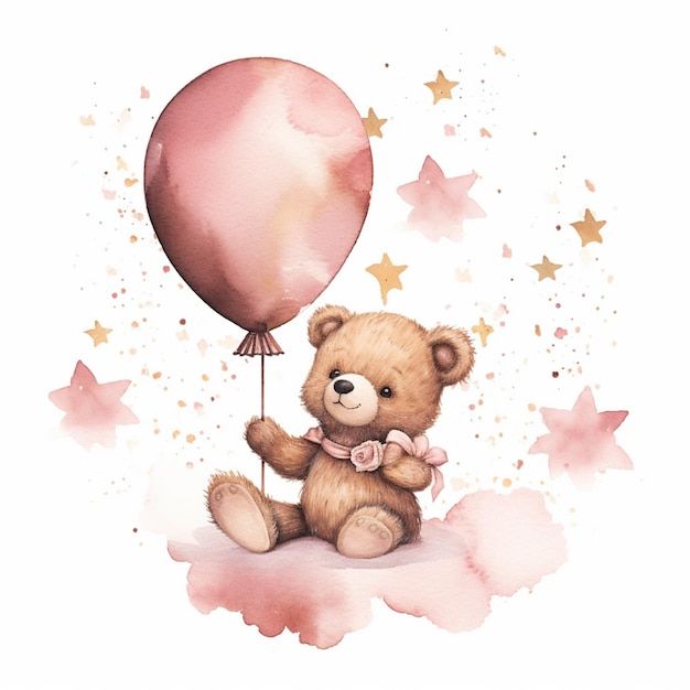 a watercolor painting of a teddy bear holding a pink balloon with stars around it