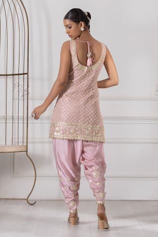 Pink short padded kurta with intricate gota embroidery. Paired with a dhoti pant and dupatta. - Aza Fashions Sleeveless Embroidered Kurta For Reception, Sleeveless Chanderi Sets With Gota Work, Sleeveless Chanderi Traditional Wear With Chikankari Embroidery, Sleeveless Chinon Sets For Eid, Designer Sleeveless Kurta With Dori Work, Traditional Sleeveless Sharara With Chikankari Embroidery, Sleeveless Salwar Kameez With Resham Embroidery, Sleeveless Anarkali Kurta With Gota Work, Sleeveless Salwar Kameez With Dori Work For Eid