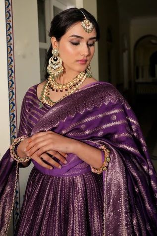 Shop for Safaa Purple Vegan Silk The Benazir Lehenga Set for Women Online at Aza Fashions Festive Anarkali Meenakari Sets, Elegant Anarkali Set With Zari Weaving In Dola Silk, Elegant Art Silk Lehenga With Tilla, Floor-length Saree With Zari Weaving For Reception, Anarkali Style Wedding Dupatta With Meenakari Details, Anarkali Wedding Dupatta With Meenakari, Anarkali Dupatta With Meenakari For Wedding, Unstitched Banarasi Silk Sharara For Reception, Anarkali Set With Meenakari For Diwali Reception