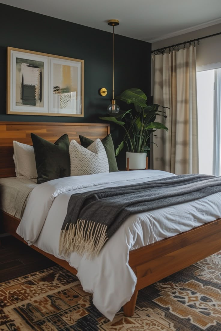 a bedroom with a bed, rugs and potted plant in front of the window