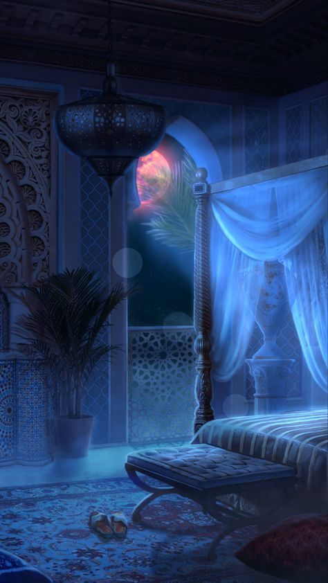 a bedroom with a canopy bed and blue drapes on the curtains, in front of a night sky