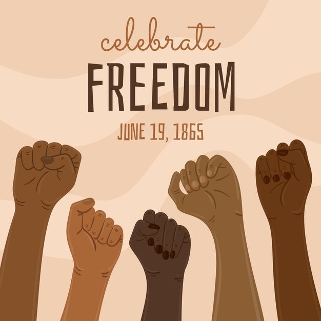 a group of people raising their fists with the words celebrate freedom written in brown lettering