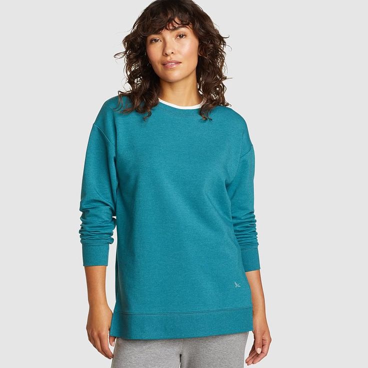 Women's Motion Cozy Camp Long-sleeve Tunic Comfy Crew Neck Sweatshirt For Relaxation, Relaxation Crew Neck Sweatshirt With Ribbed Cuffs, Crew Neck Sweatshirt With Ribbed Cuffs For Relaxation, Oversized Crew Neck Sweatshirt For Relaxation, Fall Relaxation Crew Neck Sweatshirt, Fall Crew Neck Sweatshirt For Relaxation, Casual Crew Neck Sweatshirt, Cozy Fit Crew Neck Sweats For Layering, Comfy Sweatshirt For Layering