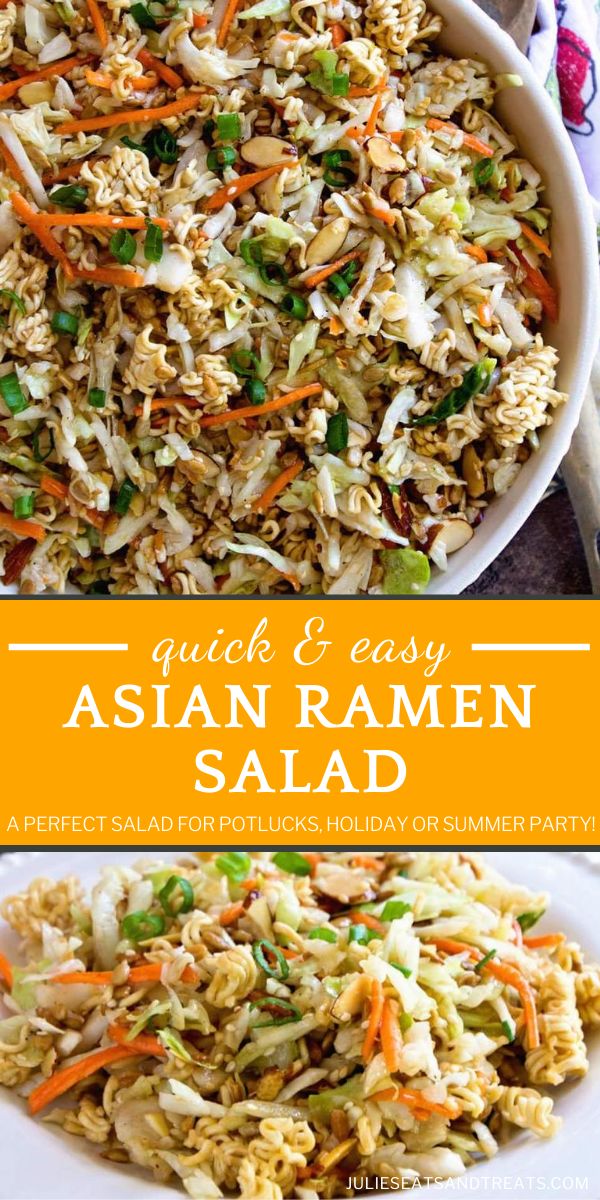 Asian Ramen Salad sweet, savory, with the perfect amount of crunch! Not only is this side dish quick and easy to make, but it is full of flavor from cabbage, carrots, noodles, and a homemade dressing. Check out how you can serve this recipe as a main dish for lunch! Asian Ramen Salad, Salad Asian, Asian Ramen, Asian Salad Recipe, Ramen Salad, Ramen Noodle Salad, Easy Ramen, Coleslaw Salad, Asian Chicken Salads