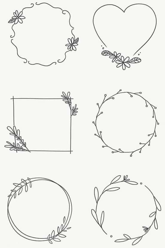 four different frames with flowers and leaves on them, one is drawn in black ink