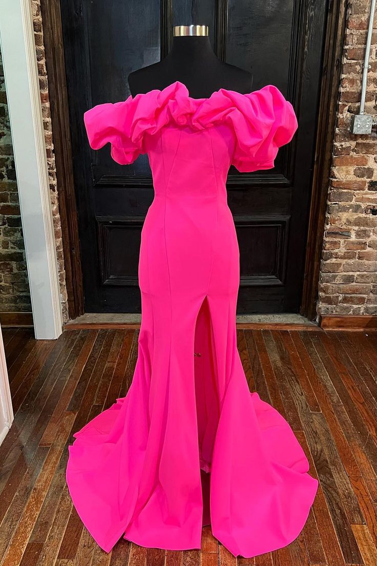 Hot Pink Off the Shoulder Mermaid Long Formal Dress with Slit Hot Pink Prom Dress, Formal Prom Dresses Long, Strapless Evening Gowns, Long Formal Dress, Wedding Dresses With Flowers, Pink Formal Dresses, Wedding Flower Girl Dresses, Hot Pink Dresses, Pink Prom