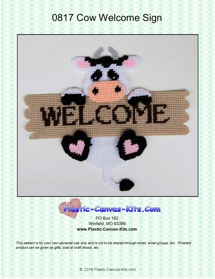 a cross stitch cow welcome sign with hearts on it's chest and the words welcome