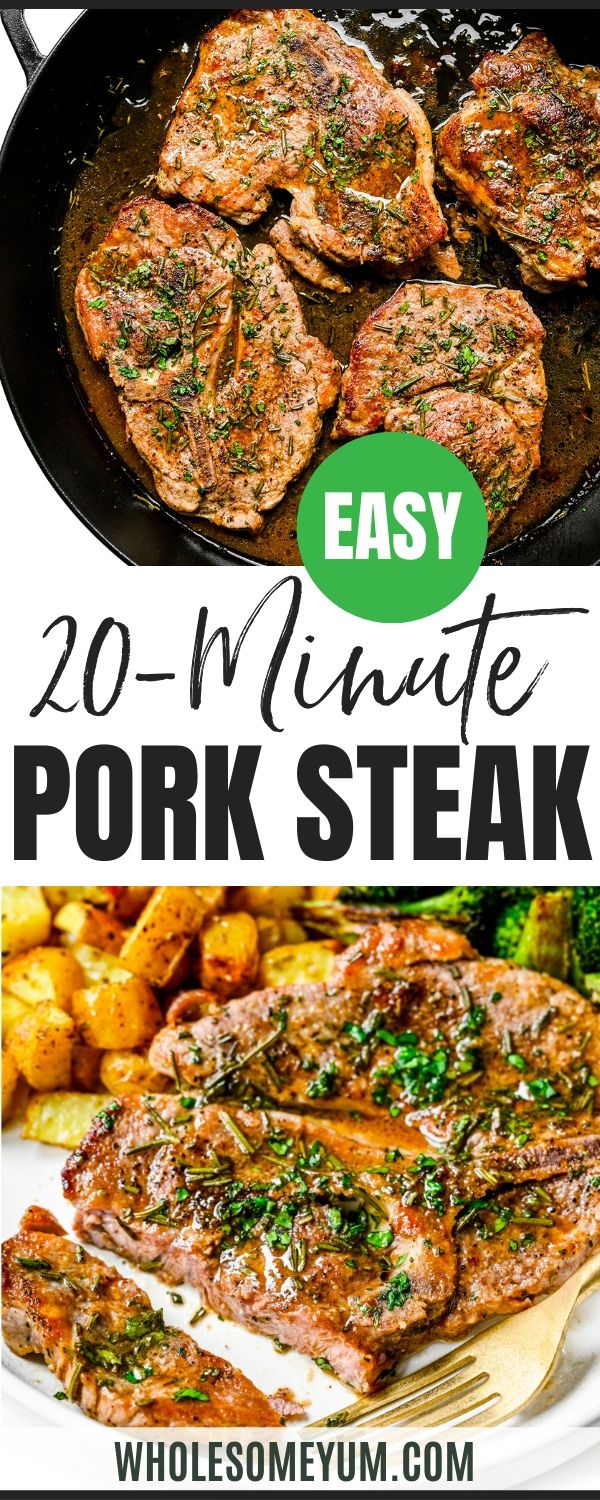 easy 20 minute pork steak recipe in a cast iron skillet with text overlay