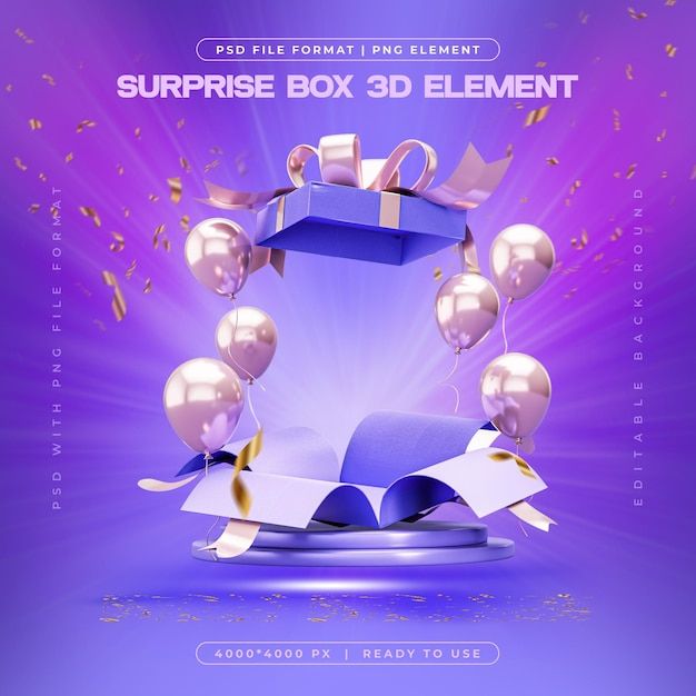 the surprise box 3d element is shown with balloons and confetti in front of it