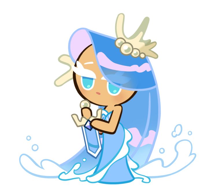 a cartoon character with blue hair and horns on her head, standing in the water