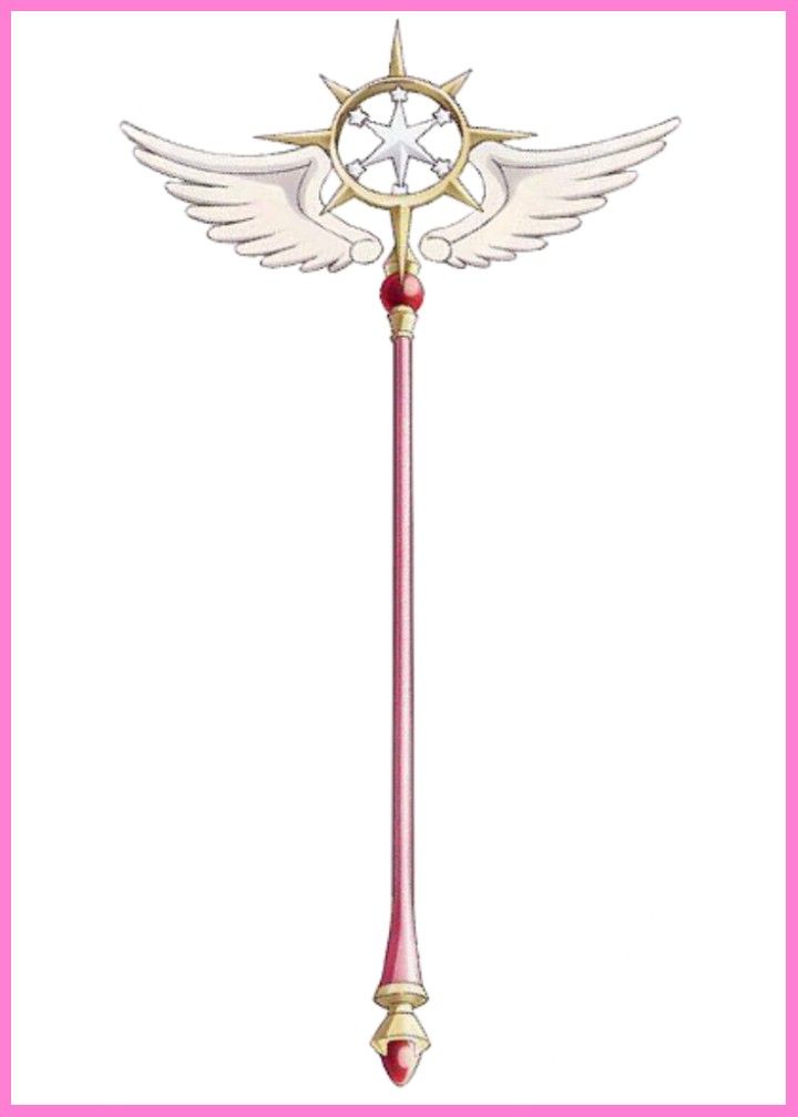 a pink stick with white wings and a star on it's top, in front of a pink frame