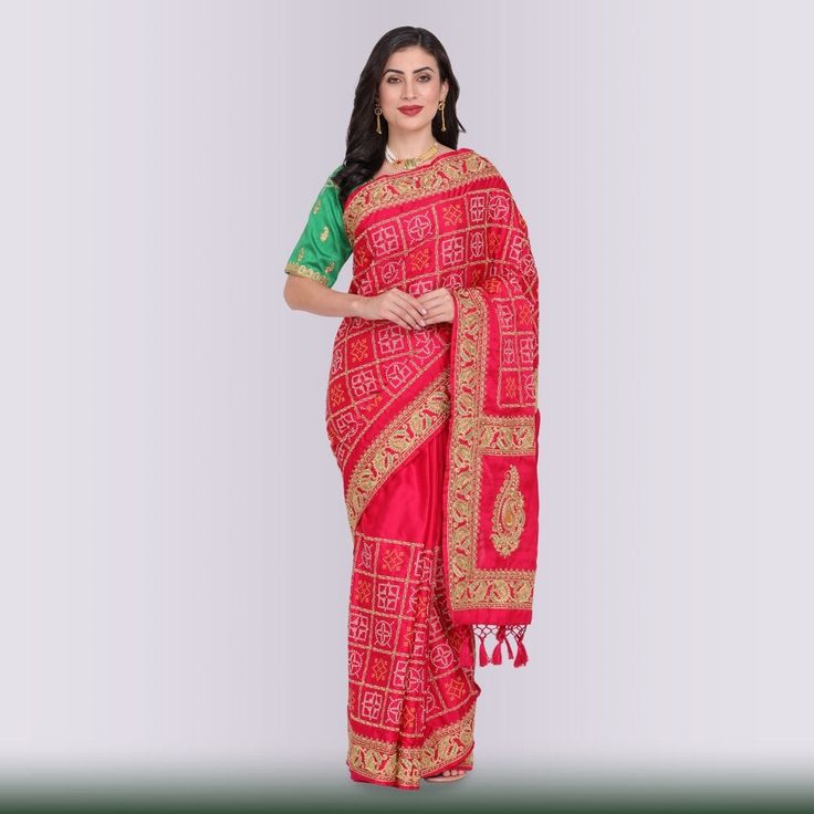 Bandhani Print Gharchola in Red Pink Art Silk Traditional Wear With Bandhani Print, Red Bandhani Print Traditional Wear In Art Silk, Red Unstitched Traditional Wear With Bandhani Print, Red Traditional Wear With Bandhani Print, Red Bandhani Print Traditional Wear, Red Bandhani Traditional Wear, Bandhani Print Traditional Wear For Festivals, Festival Bandhani Print Traditional Wear For Puja, Festival Bandhani Traditional Wear For Puja