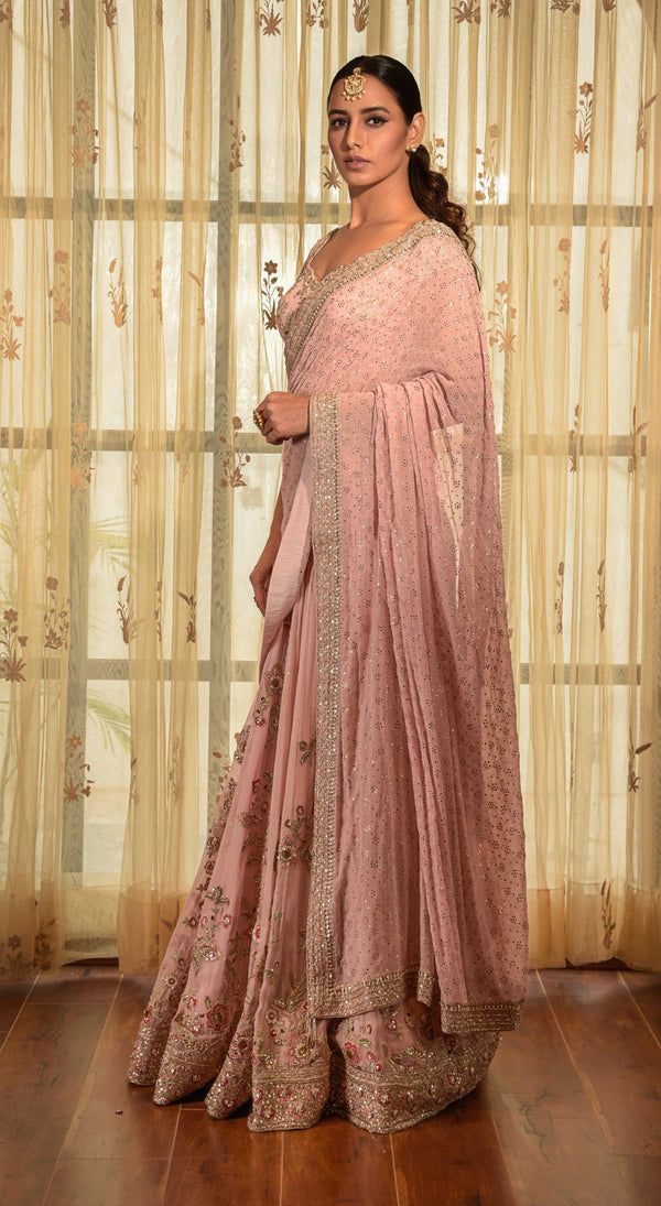 Dolly J | Pink Rose Chiffon Kalidar Sari And Blouse Pink Anarkali Set With Cutdana In Chinon, Pink Chinon Anarkali Set With Cutdana, Pink Wedding Pre-draped Saree, Pink Pre-draped Saree With Sheer Dupatta For Transitional Season, Pink Chinon Pre-draped Saree For Navratri, Pink Chinon Sharara With Cutdana Detail, Pink Chanderi Pre-draped Saree For Reception, Transitional Pink Georgette Anarkali Set, Elegant Pink Pre-draped Saree With Chikankari Embroidery