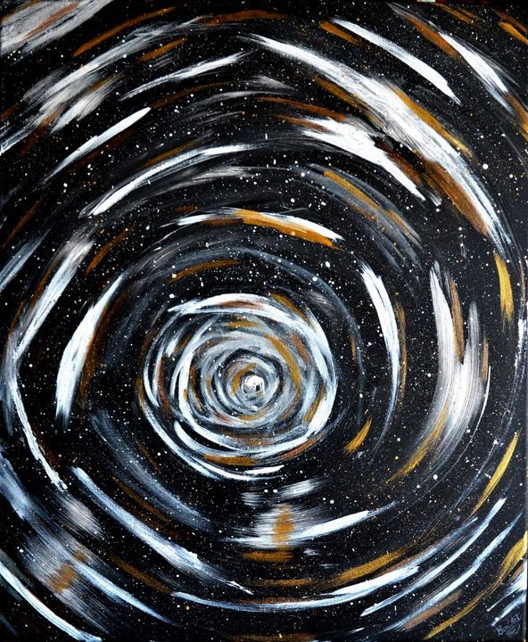 an abstract painting with black, white and gold circles in the center on a black background