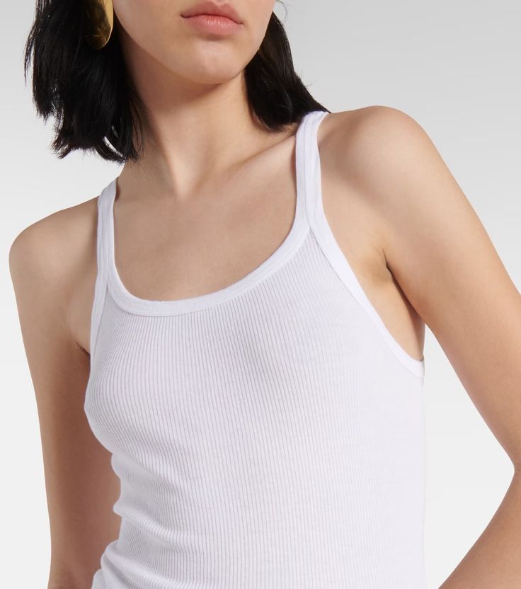 Ribbed-knit cotton jersey tank top in white - Re Done | Mytheresa Seamless Tank Top With Straps, Classic Seamless Everyday Tank Top, Classic Everyday Seamless Tank Top, Trendy Ribbed Cotton Camisole, Basic Spring Tank Top, Ribbed Cotton Cami Top, Summer Cotton Tops With Seamless Construction, Seamless Sleeveless Tank Top For Everyday, Ribbed Cotton Camisole For Spring