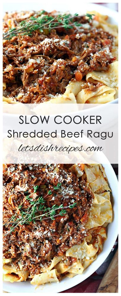 slow cooker shredded beef ragu in a white bowl with fresh herbs on top